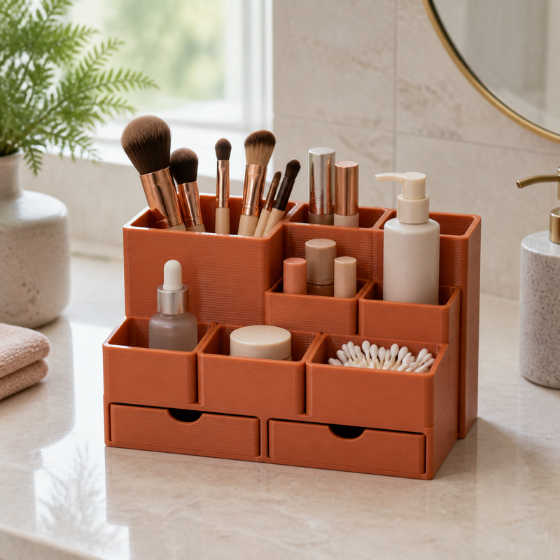 Organizador modular terracota feito em impressão 3D com itens de higiene e cosméticos